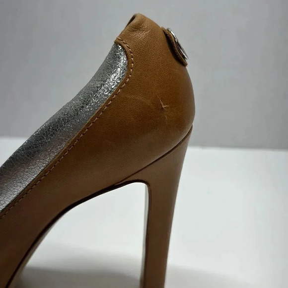 Tory Burch Runway Cluny High Heel Shoes Pumps Open Toe Leather Brown Pink 9.5 - Picture 9 of 14